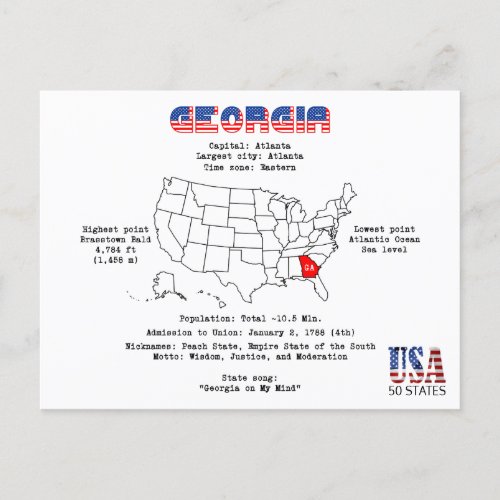 Georgia American state on a map and useful info Holiday Postcard