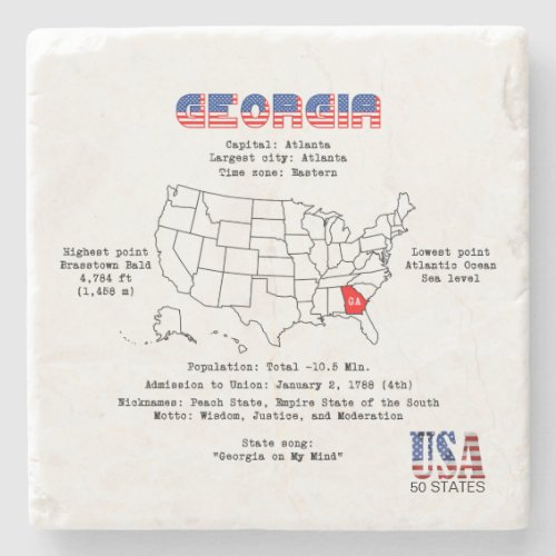 Georgia American state on a map and useful info Stone Coaster