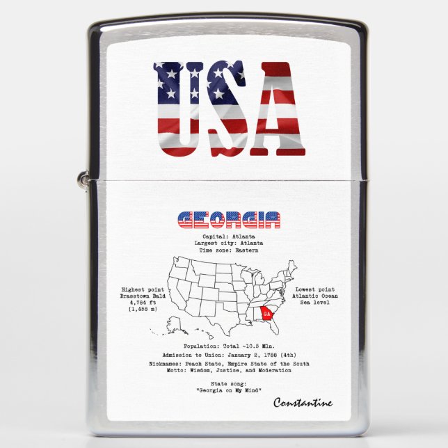 Georgia American state on a map and useful info Zippo Lighter (Front)