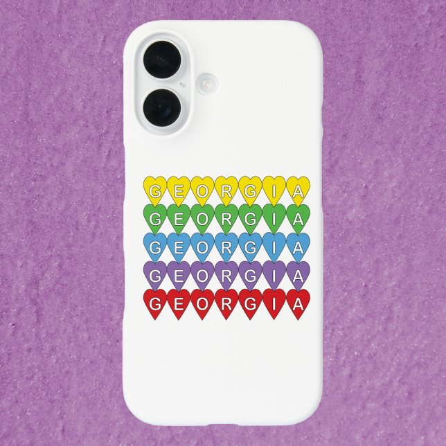 Georgia Colorful Hearts Case-Mate iPhone Case (A phone case that says Georgia in yellow, green, blue, purple and red hearts.)
