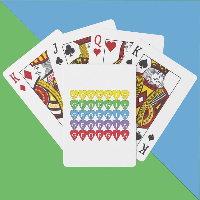 Georgia Colorful Hearts Poker Cards (A deck of playing cards that say Georgia inside yellow, green, blue, purple and red hearts.)