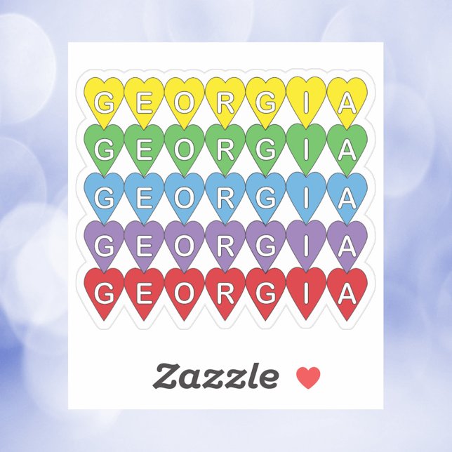 Georgia Heart Pattern Rainbow Sticker (A die cut sticker that says Georgia in yellow, green, blue, purple and red hearts.)