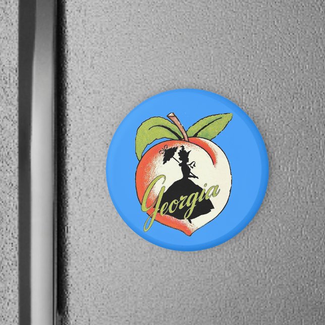 Georgia Peach Vintage Southern Lady Parasol Magnet (Silhouette Southern bell hoop skirt on Georgia Peach on vibrant blue round magnet.)