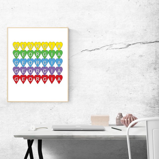 Georgia Rainbow Hearts Poster (A poster of yellow, green, blue, purple and red hearts that say Georgia inside.)