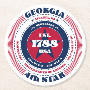 Georgia Red White Blue Typography Round Paper Coaster