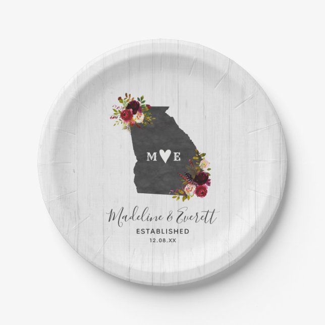 Georgia State Destination Wedding Monogram Paper Plates (Front)