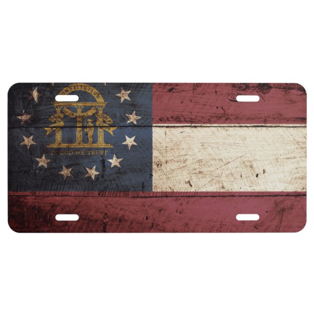 Georgia State Flag on Old Wood Grain License Plate (Front)