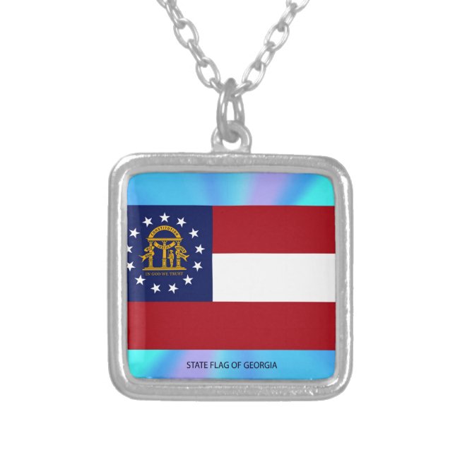 Georgia State Flag Square Silver Plated Necklace (Front)
