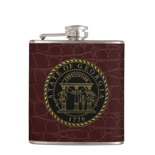 Georgia State Seal Black Gold Leather Hip Flask