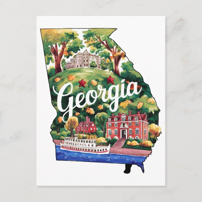 Georgia USA State Shaped Vintage Watercolor Postcard (Front)