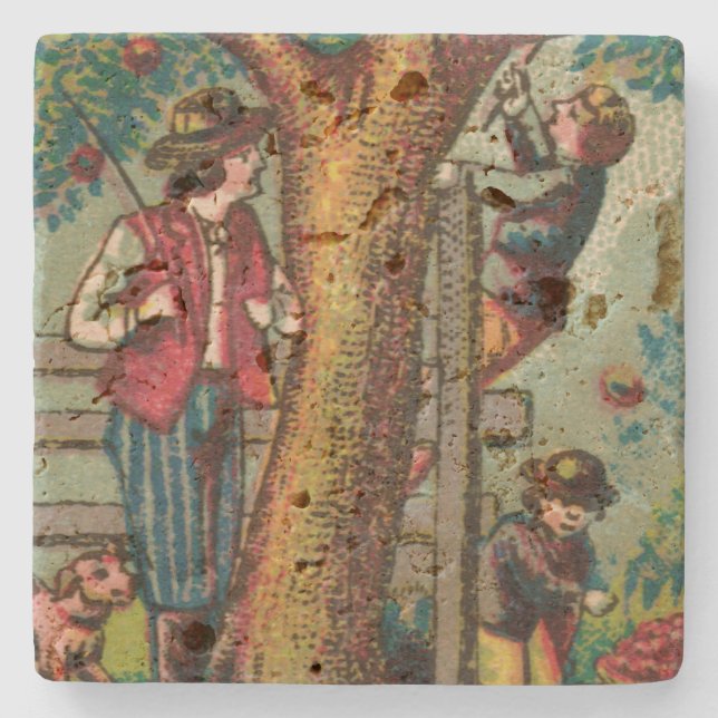 Georgian Boys Picking Apples Stone Coaster (Front)