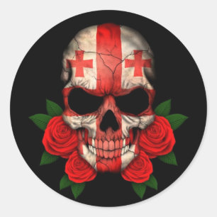 Georgian Flag Skull with Red Roses Classic Round Sticker