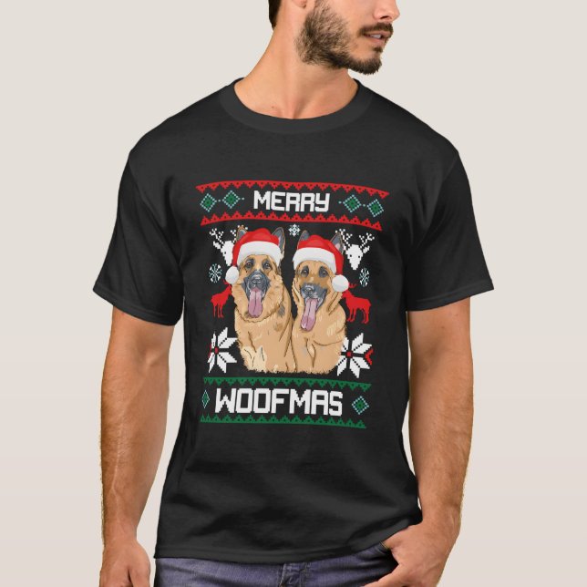 Ger Shepherd Merry Woofmas For T-Shirt (Front)