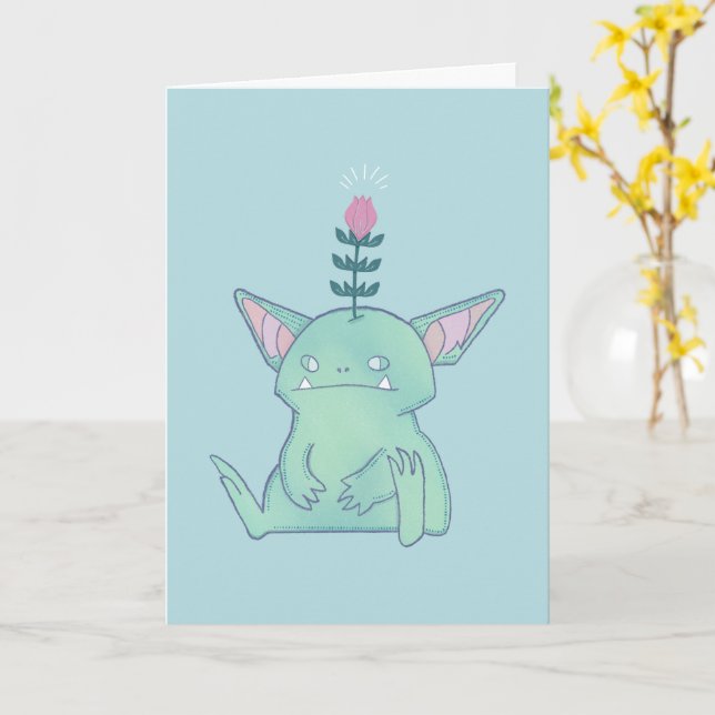 Gerald the Goblin | Cute Grumpy Fantasy Creature  Card (Yellow Flower)