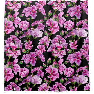 Geranium branches, watercolor pink buds. shower curtain