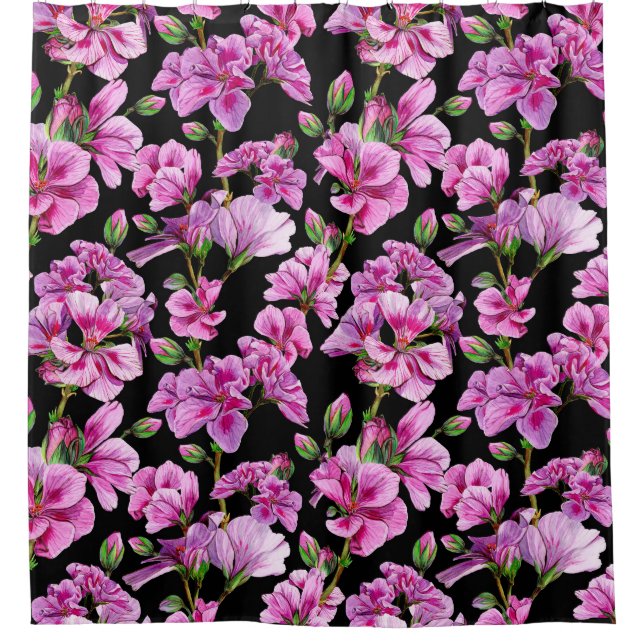 Geranium branches, watercolor pink buds. shower curtain (Front)