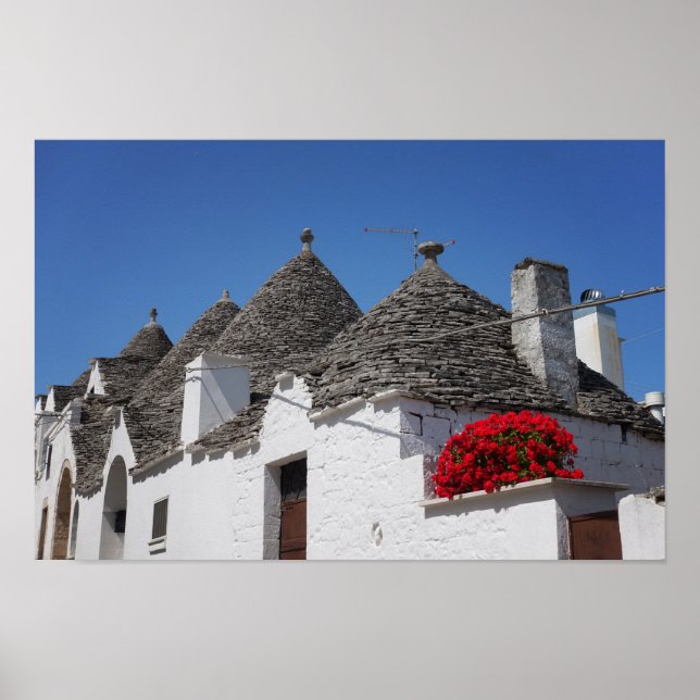 Geranium flowers and trulli houses in Alberobello Poster (Front)