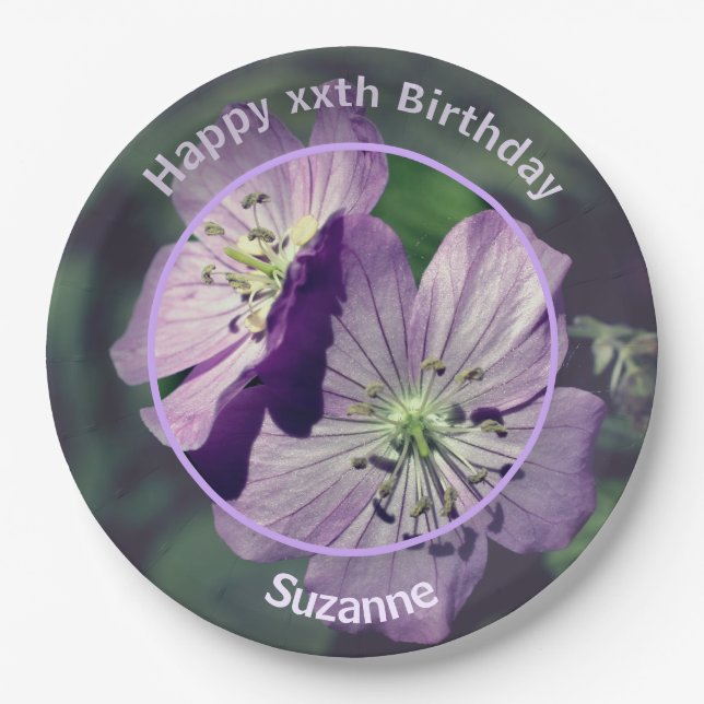 Geranium Flowers Personalized Happy Birthday Paper Plates (Front)