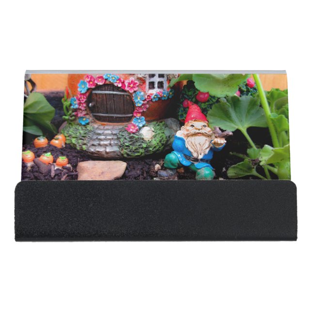 Geranium Gnome 01 Desk Business Card Holder (Front)
