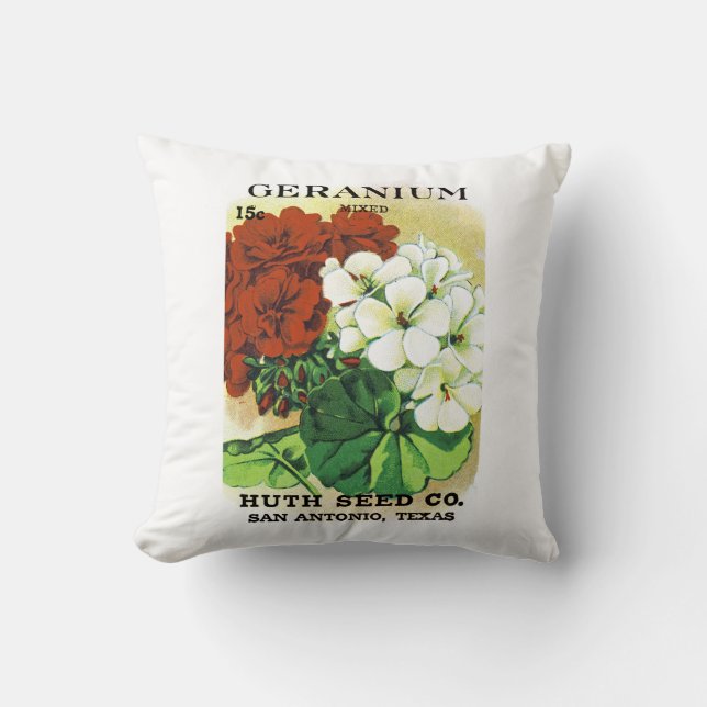 Geranium Seed Packet Label Throw Pillow (Front)