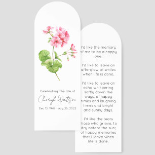 Geranium Simple Funeral Memorial Bookmark