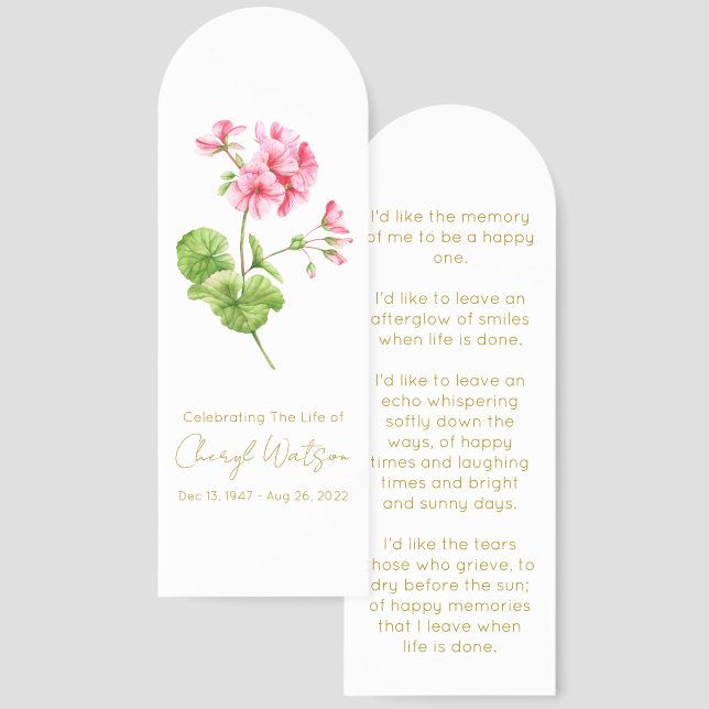 Geranium | Simple Funeral Memorial Bookmark (Front & Back)