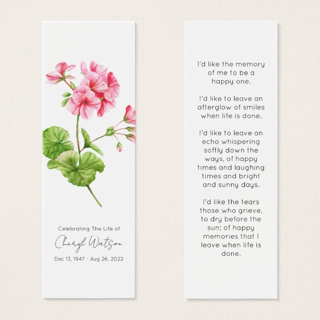 Geranium | Simple Funeral Memorial Mini Bookmark (Front & Back)