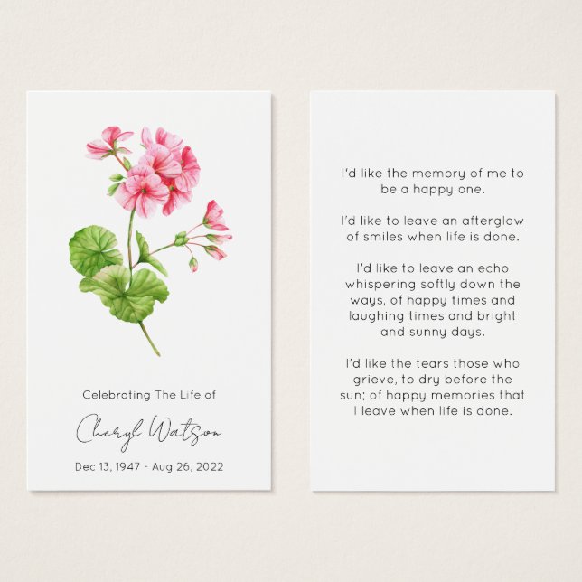 Geranium | Simple Funeral Memorial Prayer Card (Front & Back)