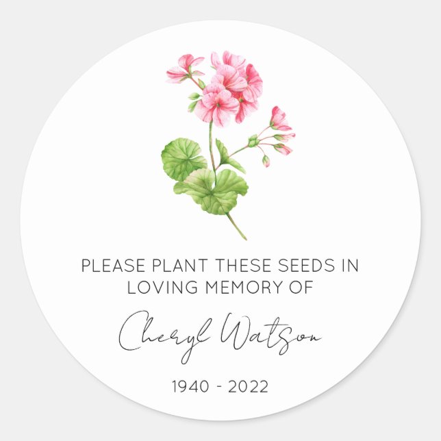 Geranium | Simple Memorial Seed Packet Classic Round Sticker (Front)