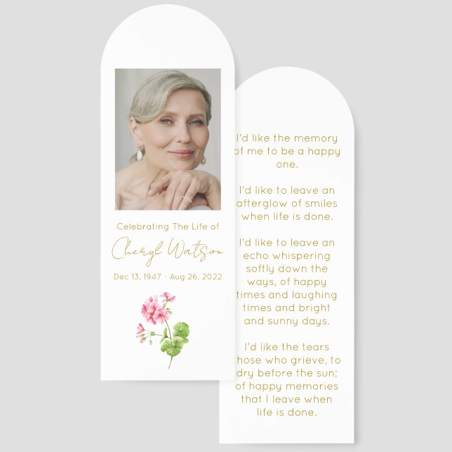 Geranium | Simple Photo Funeral Bookmark (Front & Back)