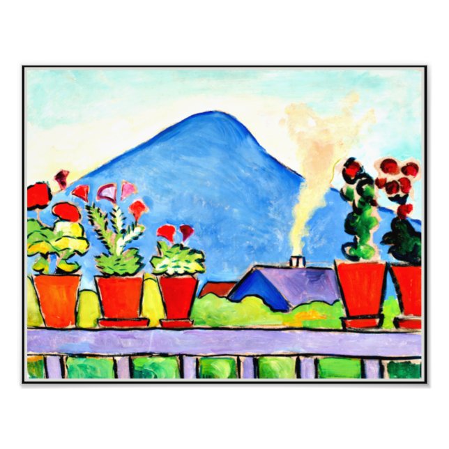 Geraniums Before Blue Mountain, colorful painting Photo Print (Front)