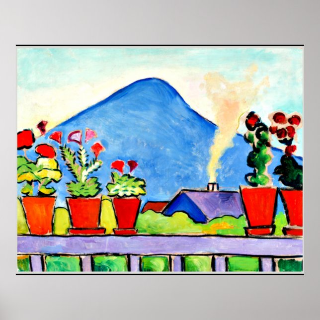 Geraniums Before Blue Mountain, colorful painting Poster (Front)