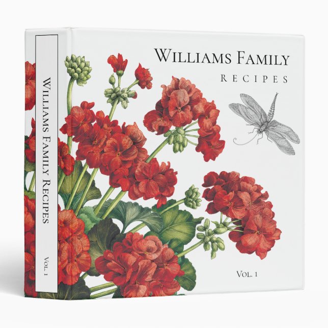 Geraniums Botanical Red White Custom Recipe Binder (Front/Spine)