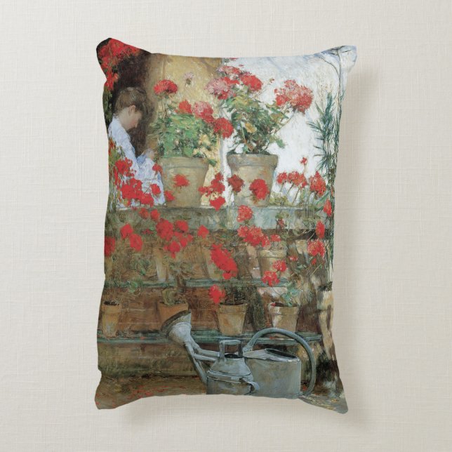 Geraniums by Childe Hassam, Vintage Impressionism Accent Pillow (Back(Vertical))