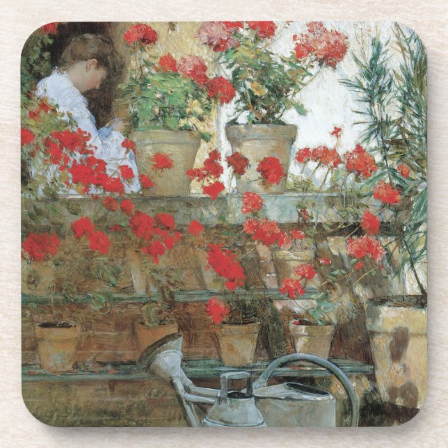 Geraniums by Childe Hassam, Vintage Impressionism Beverage Coaster (Front)
