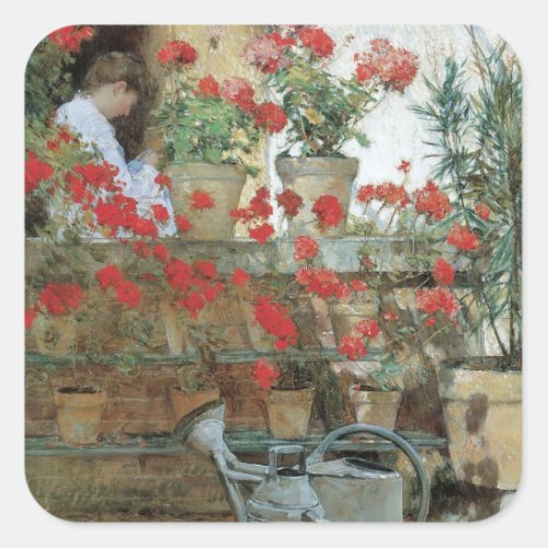 Geraniums by Childe Hassam Vintage Impressionism Square Sticker