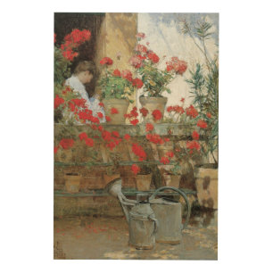 Geraniums by Childe Hassam, Vintage Impressionism Wood Wall Decor