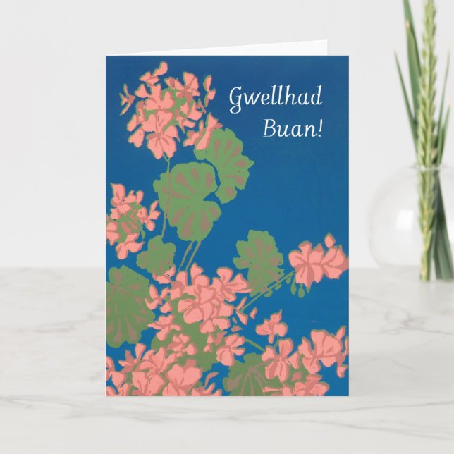 Geraniums Get Well Card, Welsh Greeting Card (Front)