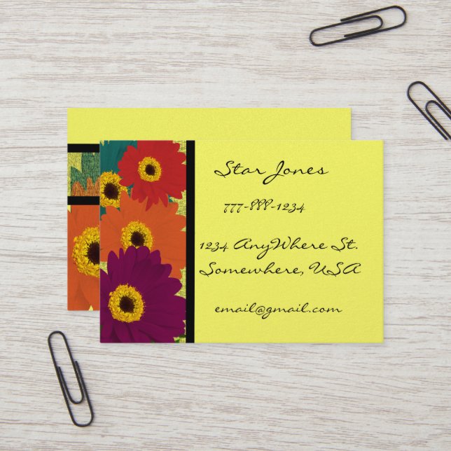Gerber Daisies Plum Orange Teal Red & Lime Business Card (Front/Back In Situ)