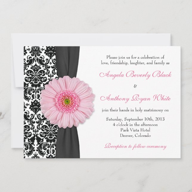 Gerber Daisy Pale Pink Black White Damask Wedding Invitation (Front)