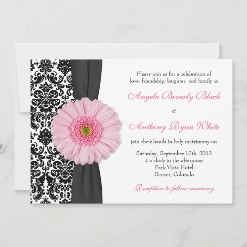Gerber Daisy Pale Pink Black White Damask Wedding Personalized Invitation