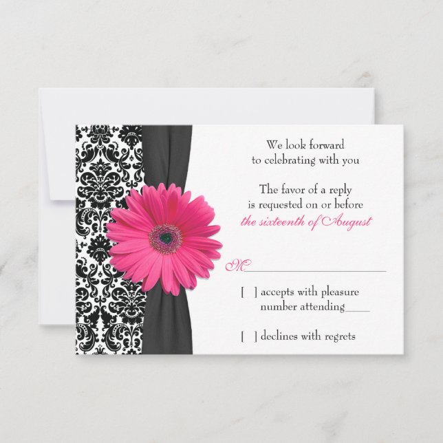 Gerber Daisy Pink Black Damask Wedding RSVP Reply (Front)