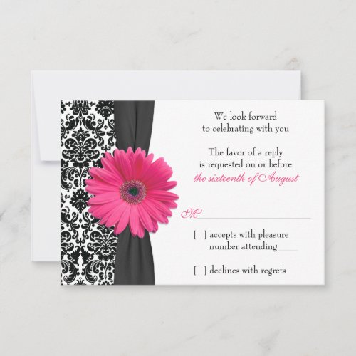 Gerber Daisy Pink Black Damask Wedding RSVP Reply