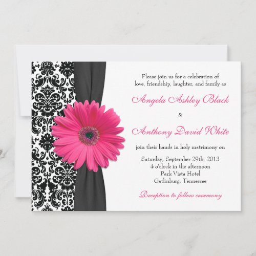 Gerber Daisy Pink Black White Damask Wedding Custom Invitation