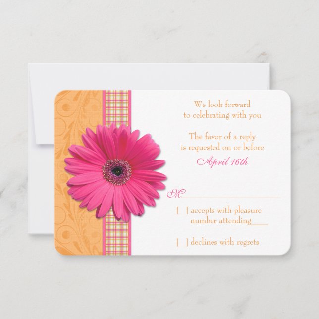 Gerber Daisy Pink Orange Plaid Wedding RSVP Reply Card (Front)