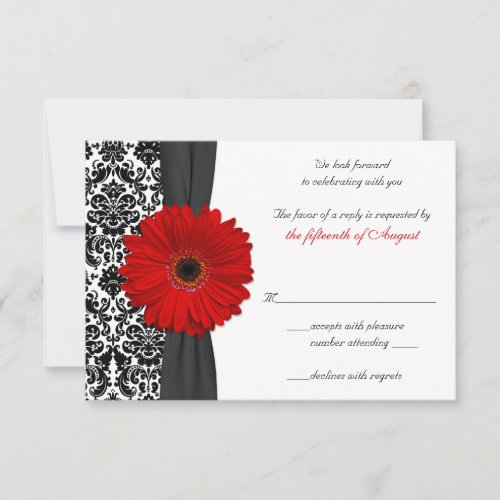 Gerber Daisy Red Black Damask Wedding Reply Card Personalized Invitations