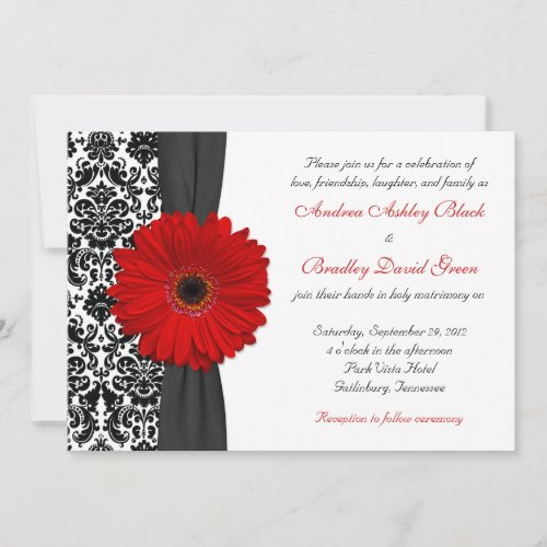 Gerber Daisy Red Black White Damask Wedding Personalized Invites