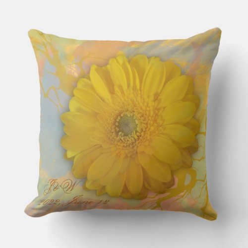 Gerber flower on abstract background  custom text throw pillow