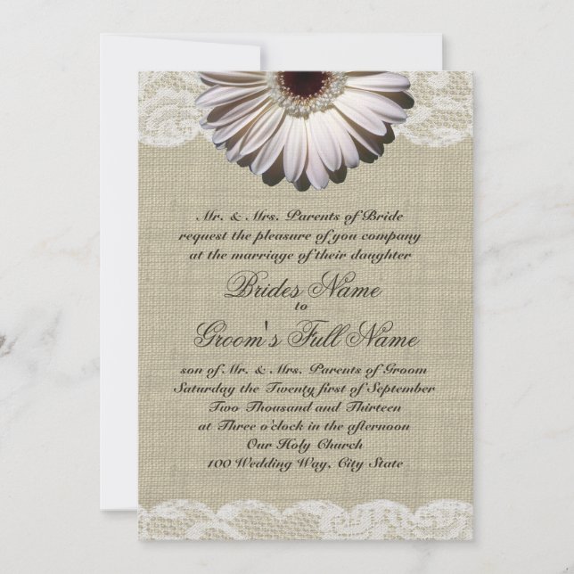 Gerbera Daisy and Lace Country Burlap Wedding Invitation (Front)
