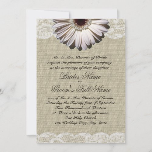Gerbera Daisy and Lace Country Burlap Wedding Personalized Invites